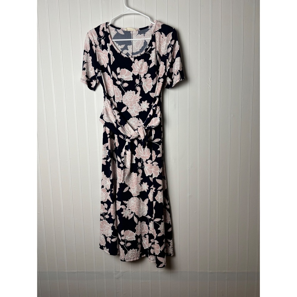 Tiffany & Grey Petite XL Floral Midi Dress Navy Pink Tie Waist Short Sleeve
